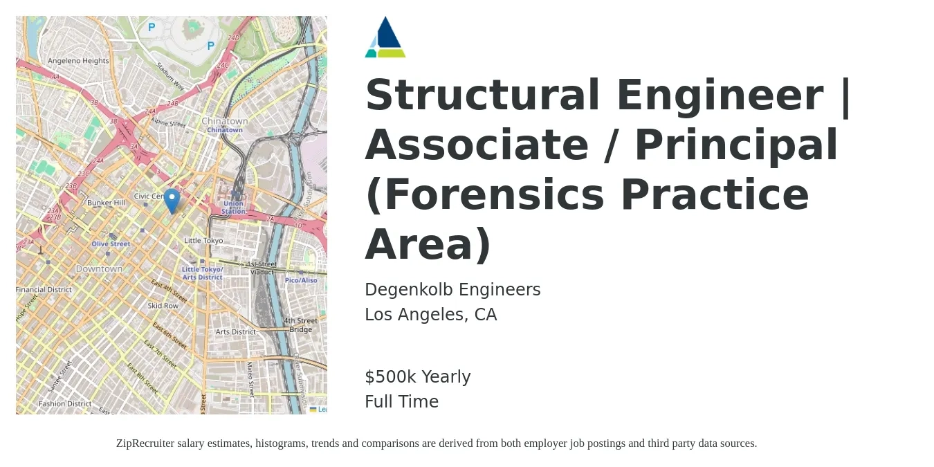 Degenkolb Engineers job posting for a Structural Engineer | Associate / Principal (Forensics Practice Area) in Los Angeles, CA with a salary of $500,000 Yearly with a map of Los Angeles location.
