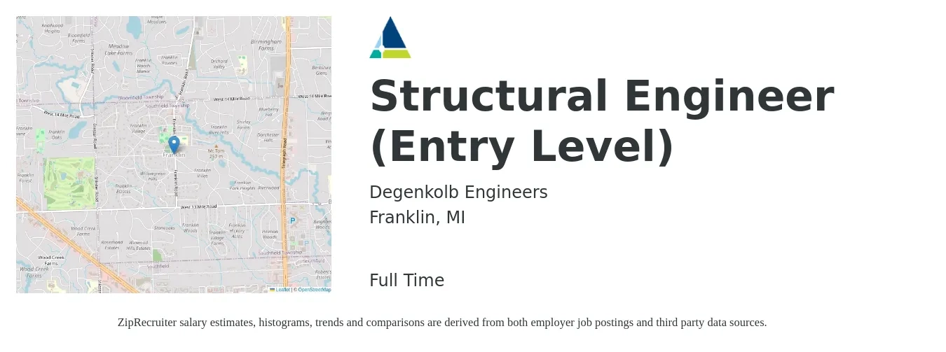 Degenkolb Engineers job posting for a Structural Engineer (Entry Level) in Franklin, MI with a salary of $5,600 to $8,900 Monthly with a map of Franklin location.