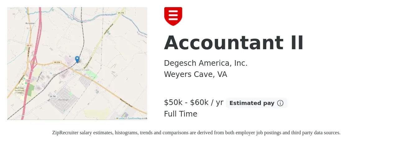 Degesch America, Inc. job posting for a Accountant II in Weyers Cave, VA with a salary of $50,000 to $60,000 Yearly with a map of Weyers Cave location.