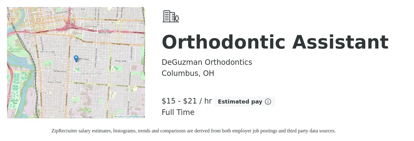 DeGuzman Orthodontics job posting for a Orthodontic Assistant in Columbus, OH with a salary of $16 to $22 Hourly and benefits including pto, and retirement with a map of Columbus location.