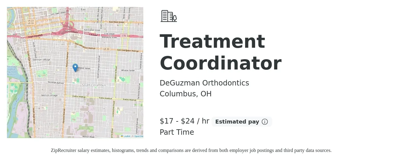 DeGuzman Orthodontics job posting for a Treatment Coordinator in Columbus, OH with a salary of $18 to $25 Hourly and benefits including retirement, and pto with a map of Columbus location.
