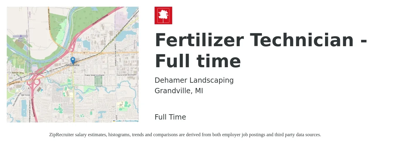 Dehamer Landscaping job posting for a Fertilizer Technician - Full time in Grandville, MI with a salary of $19 to $25 Hourly with a map of Grandville location.
