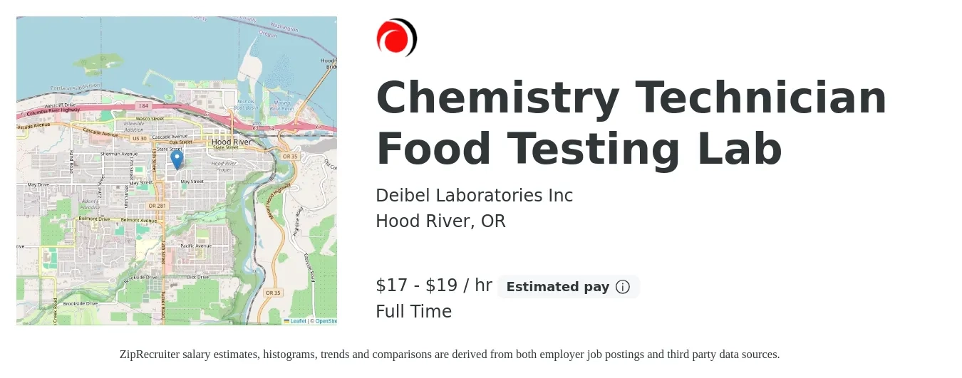 Deibel Laboratories Inc job posting for a Chemistry Technician Food Testing Lab in Hood River, OR with a salary of $18 to $20 Hourly with a map of Hood River location.
