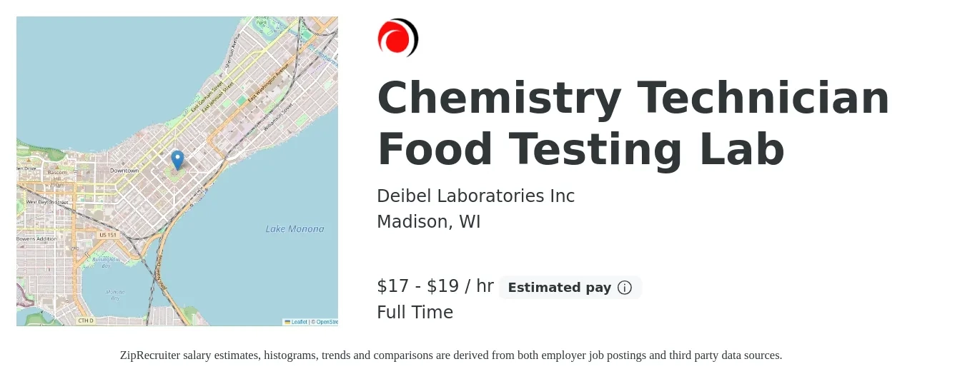 Deibel Laboratories Inc job posting for a Chemistry Technician Food Testing Lab in Madison, WI with a salary of $18 to $20 Hourly with a map of Madison location.