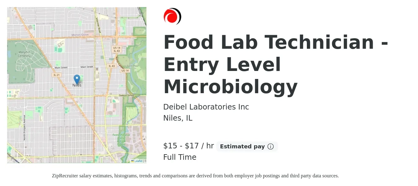 Deibel Laboratories Inc job posting for a Food Lab Technician - Entry Level Microbiology in Niles, IL with a salary of $16 to $18 Hourly with a map of Niles location.