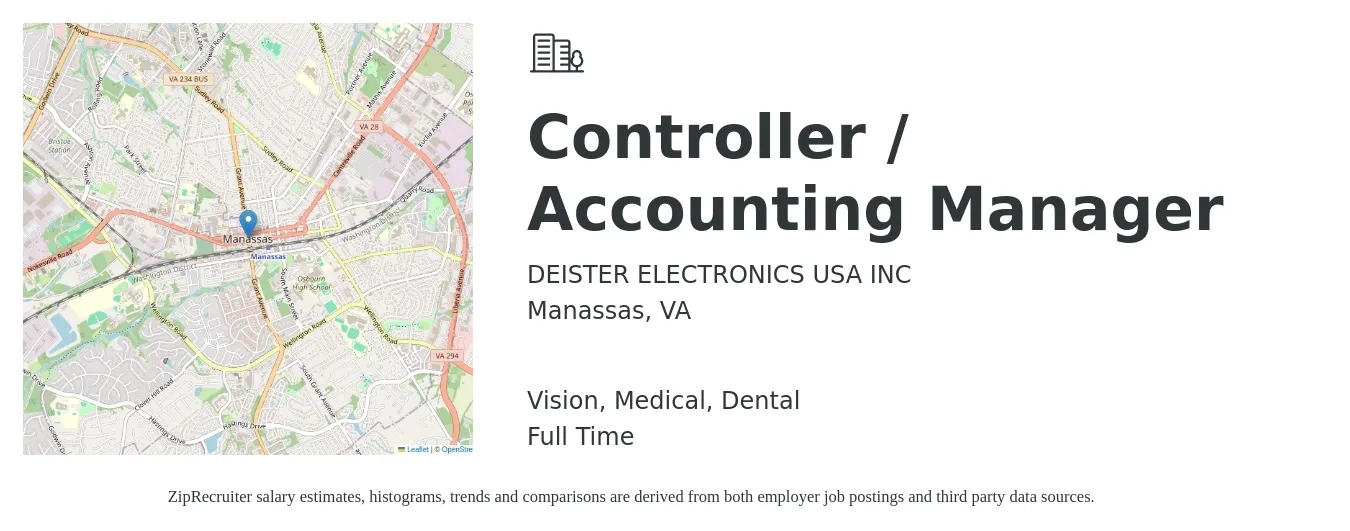 DEISTER ELECTRONICS USA INC job posting for a Controller / Accounting Manager in Manassas, VA with a salary of $85,000 to $122,500 Yearly and benefits including retirement, vision, dental, life_insurance, medical, and pto with a map of Manassas location.