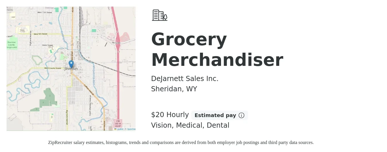 DeJarnett Sales Inc. job posting for a Grocery Merchandiser in Sheridan, WY with a salary of $21 Hourly and benefits including medical, pto, retirement, vision, dental, and life_insurance with a map of Sheridan location.