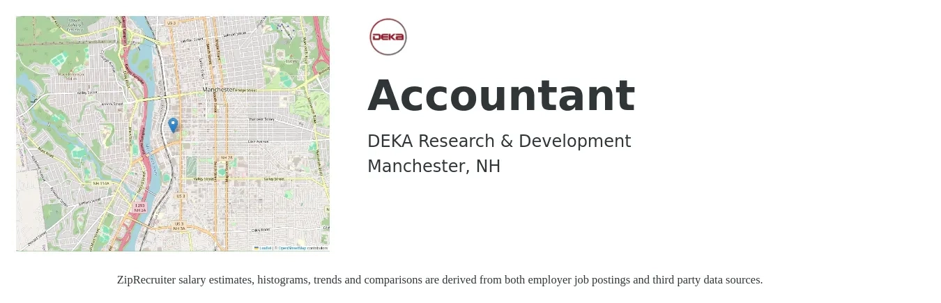 DEKA Research & Development job posting for a Accountant in Manchester, NH with a salary of $53,300 to $78,200 Yearly with a map of Manchester location.