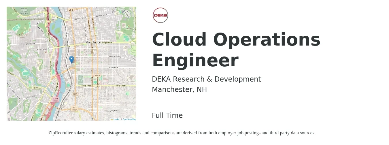 DEKA Research & Development job posting for a Cloud Operations Engineer in Manchester, NH with a salary of $104,100 to $146,900 Yearly with a map of Manchester location.