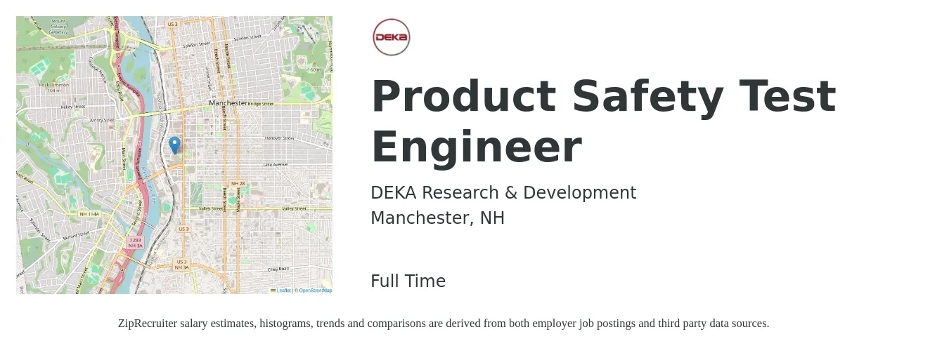 DEKA Research & Development job posting for a Product Safety Test Engineer in Manchester, NH with a salary of $26 to $45 Hourly with a map of Manchester location.