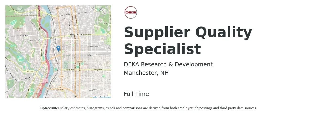 DEKA Research & Development job posting for a Supplier Quality Specialist in Manchester, NH with a salary of $20 to $38 Hourly with a map of Manchester location.