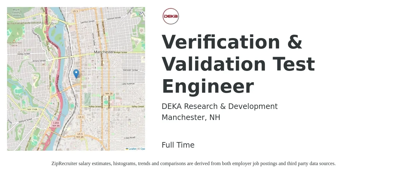 DEKA Research & Development job posting for a Verification & Validation Test Engineer in Manchester, NH with a salary of $41 to $65 Hourly with a map of Manchester location.
