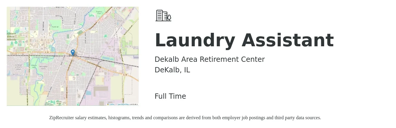 Dekalb Area Retirement Center job posting for a Laundry Assistant in DeKalb, IL with a salary of $14 to $17 Hourly with a map of DeKalb location.