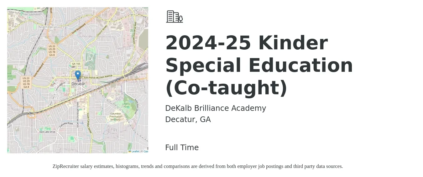 DeKalb Brilliance Academy job posting for a 2024-25 Kinder Special Education (Co-taught) in Decatur, GA with a salary of $13 to $17 Hourly with a map of Decatur location.