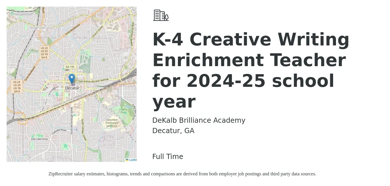 DeKalb Brilliance Academy job posting for a K-4 Creative Writing Enrichment Teacher for 2024-25 school year in Decatur, GA with a salary of $43,400 to $59,100 Yearly with a map of Decatur location.
