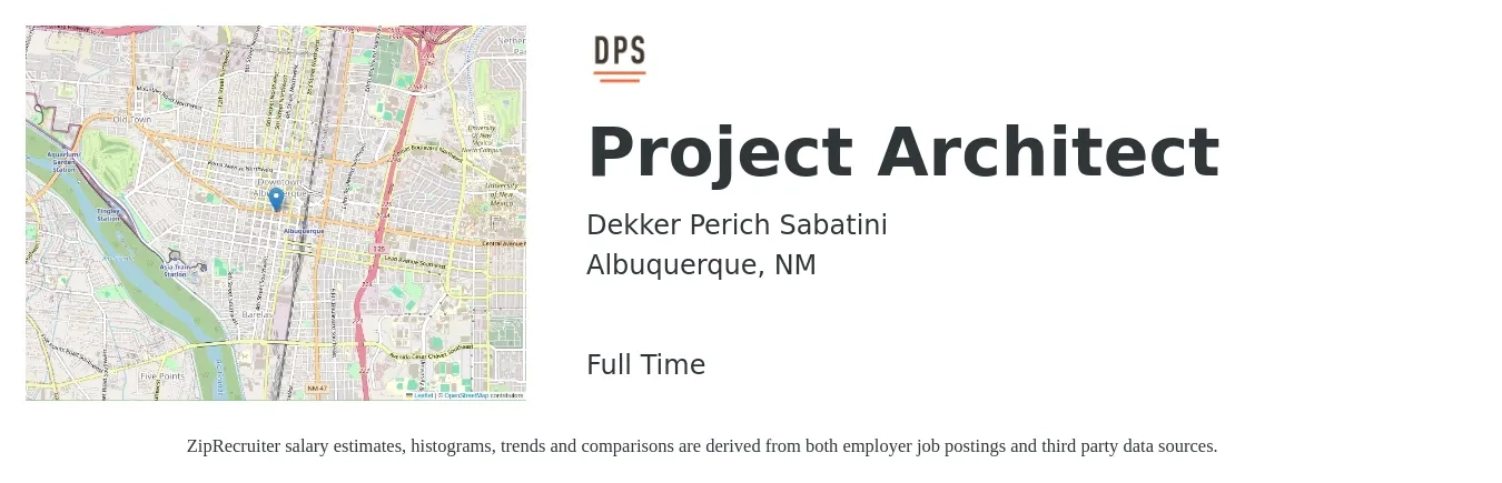 Dekker Perich Sabatini job posting for a Project Architect in Albuquerque, NM with a salary of $75,800 to $101,300 Yearly with a map of Albuquerque location.