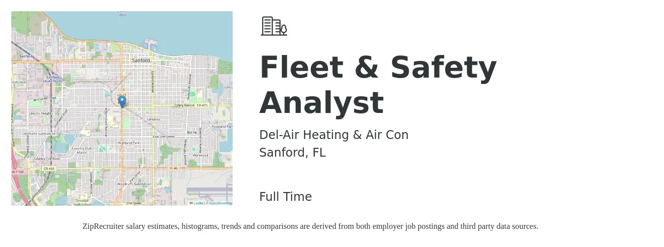 Del-Air Heating & Air Con job posting for a Fleet & Safety Analyst in Sanford, FL with a salary of $48,200 to $82,000 Yearly with a map of Sanford location.