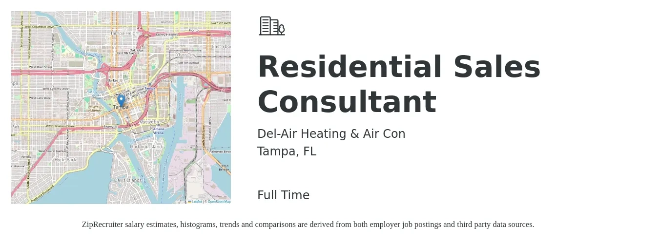 Del-Air Heating & Air Con job posting for a Residential Sales Consultant in Tampa, FL with a salary of $41,000 to $91,200 Yearly with a map of Tampa location.