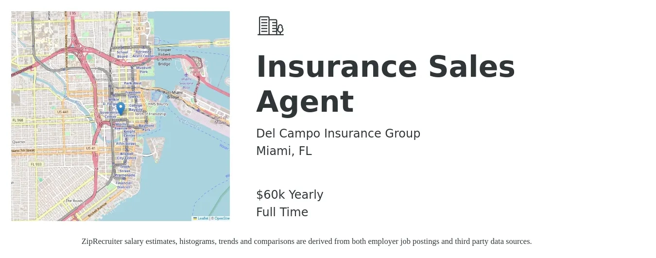 Del Campo Insurance Group job posting for a Insurance Sales Agent in Miami, FL with a salary of $60,000 Yearly with a map of Miami location.