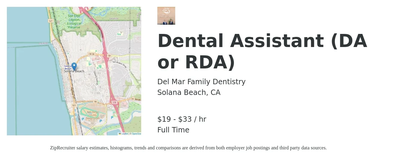 Del Mar Family Dentistry job posting for a Dental Assistant (DA or RDA) in Solana Beach, CA with a salary of $20 to $35 Hourly with a map of Solana Beach location.