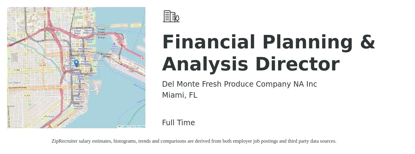 Del Monte Fresh Produce Company NA Inc job posting for a Financial Planning & Analysis Director in Miami, FL with a salary of $117,200 to $154,000 Yearly with a map of Miami location.