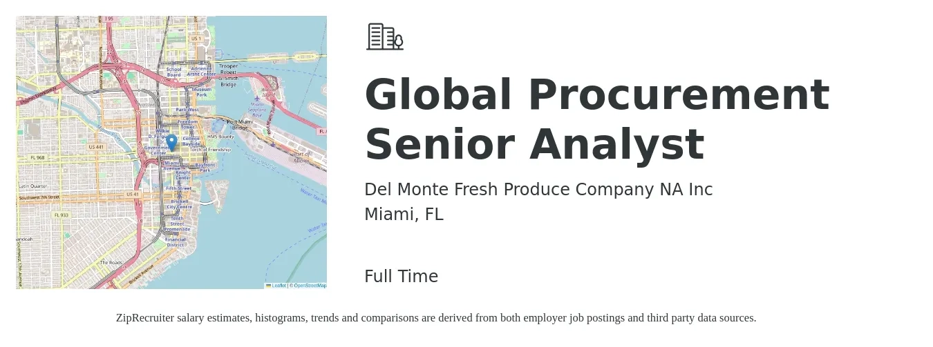 Del Monte Fresh Produce Company NA Inc job posting for a Global Procurement Senior Analyst in Miami, FL with a salary of $57,900 to $111,400 Yearly with a map of Miami location.