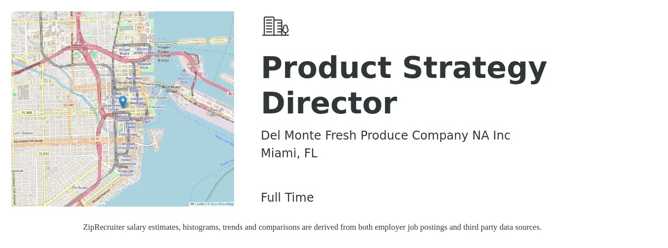 Del Monte Fresh Produce Company NA Inc job posting for a Product Strategy Director in Miami, FL with a salary of $145,400 to $199,900 Yearly with a map of Miami location.