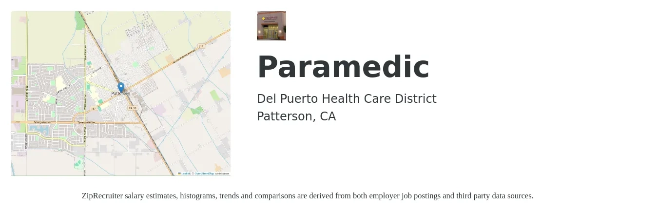 Del Puerto Health Care District job posting for a Paramedic in Patterson, CA with a salary of $20 Hourly with a map of Patterson location.