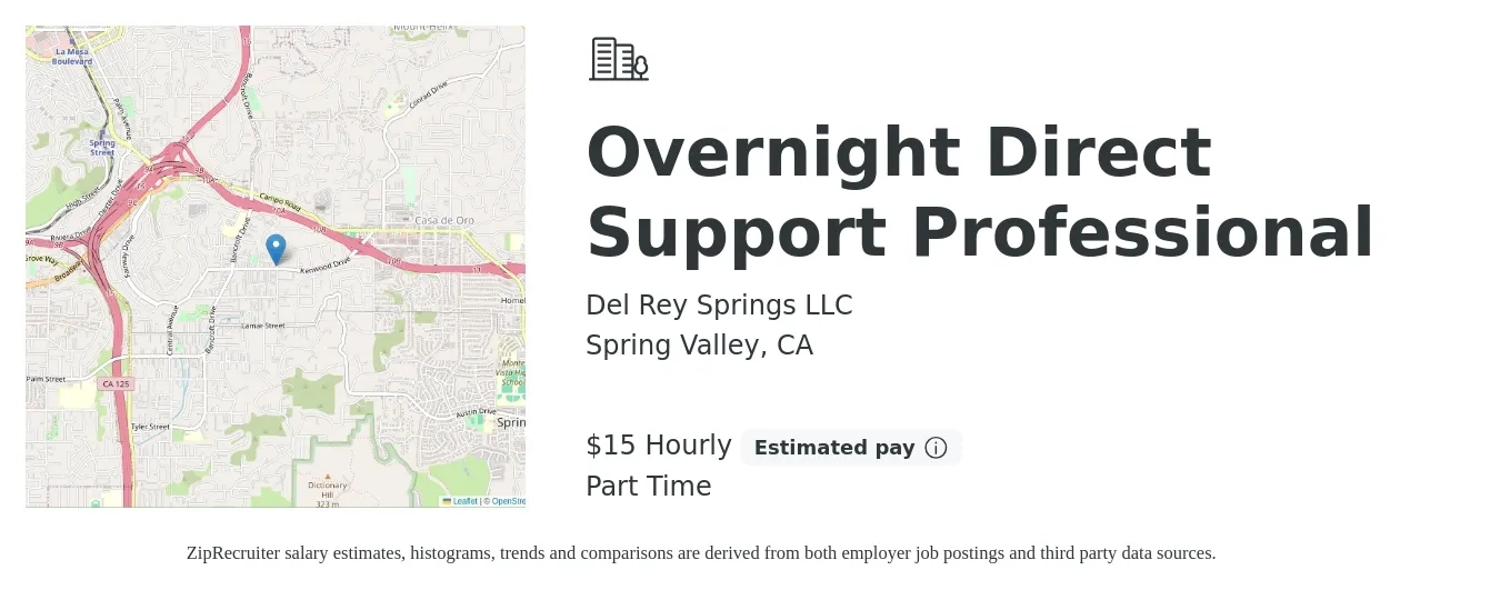 Del Rey Springs LLC job posting for a Overnight Direct Support Professional in Spring Valley, CA with a salary of $16 Hourly with a map of Spring Valley location.