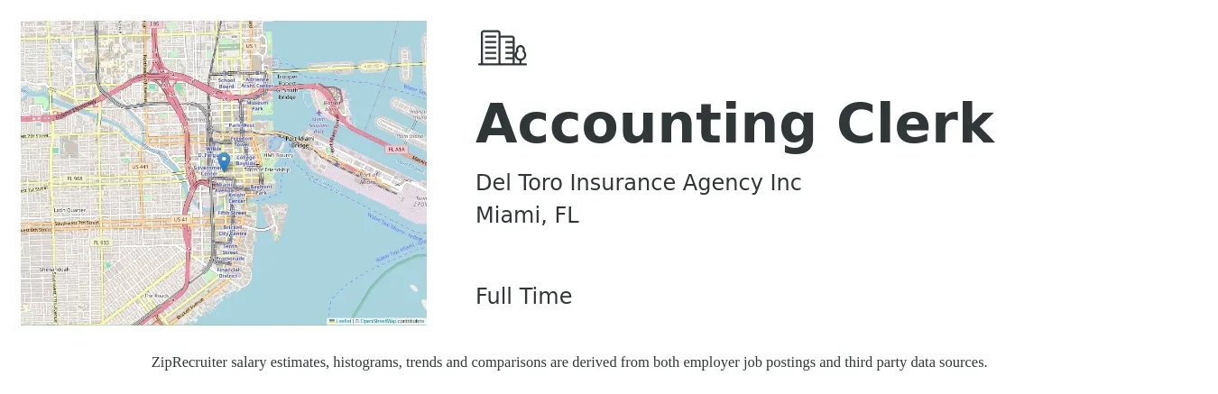 Del Toro Insurance Agency Inc job posting for a Accounting Clerk in Miami, FL with a salary of $17 to $22 Hourly with a map of Miami location.