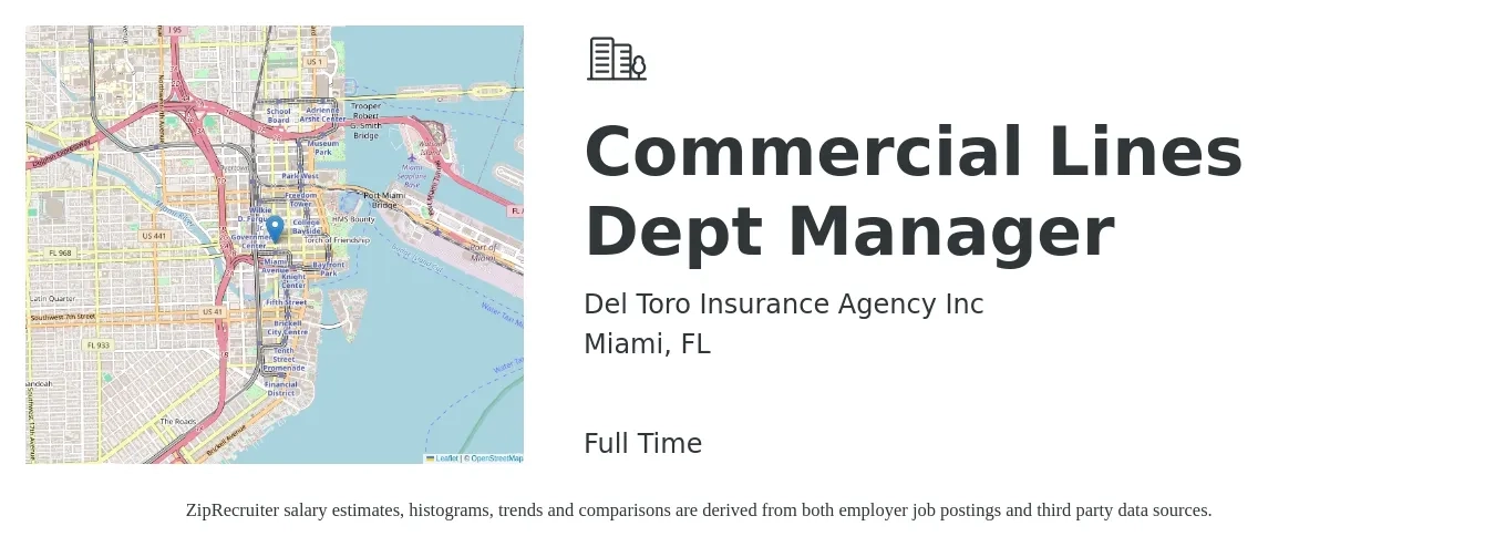 Del Toro Insurance Agency Inc job posting for a Commercial Lines Dept Manager in Miami, FL with a salary of $56,100 to $93,100 Yearly with a map of Miami location.
