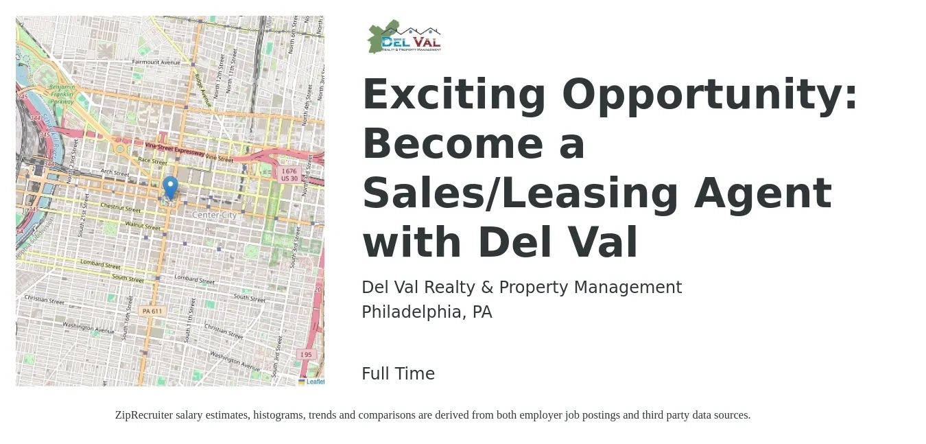 Del Val Realty & Property Management job posting for a Exciting Opportunity: Become a Sales/Leasing Agent with Del Val in Philadelphia, PA with a salary of $3,000 Monthly with a map of Philadelphia location.