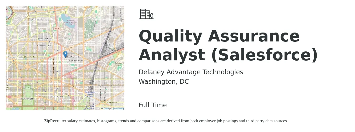 Delaney Advantage Technologies job posting for a Quality Assurance Analyst (Salesforce) in Washington, DC with a salary of $34 to $58 Hourly with a map of Washington location.