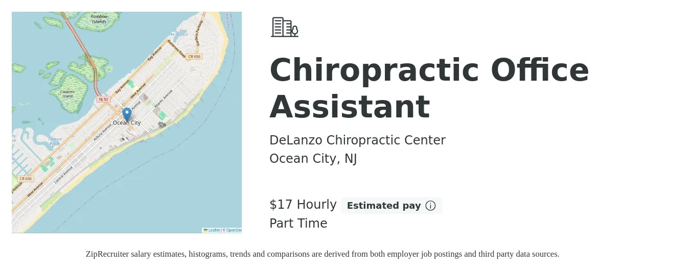 DeLanzo Chiropractic Center job posting for a Chiropractic Office Assistant in Ocean City, NJ with a salary of $18 Hourly with a map of Ocean City location.
