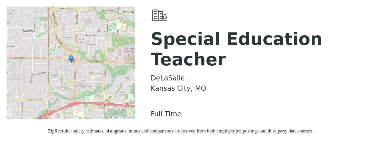 DeLaSalle job posting for a Special Education Teacher in Kansas City, MO with a salary of $48,900 to $64,600 Yearly with a map of Kansas City location.