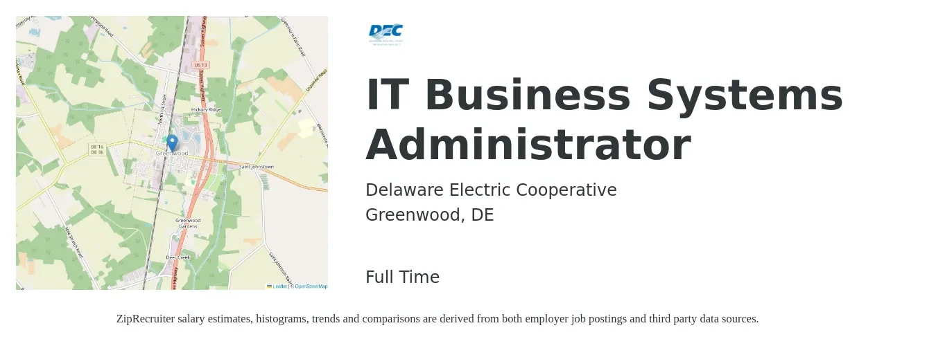 Delaware Electric Cooperative job posting for a IT Business Systems Administrator in Greenwood, DE with a salary of $62,500 to $95,800 Yearly with a map of Greenwood location.