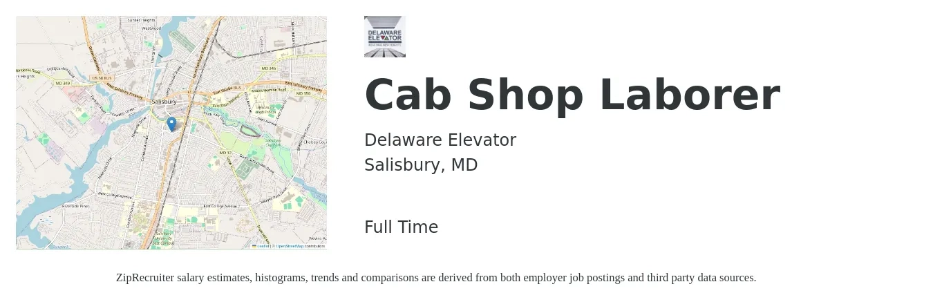 Delaware Elevator job posting for a Cab Shop Laborer in Salisbury, MD with a salary of $15 to $20 Hourly with a map of Salisbury location.