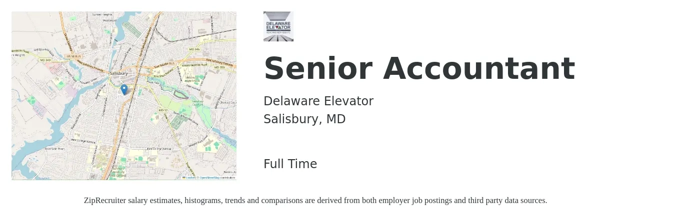 Delaware Elevator job posting for a Senior Accountant in Salisbury, MD with a salary of $73,100 to $91,800 Yearly with a map of Salisbury location.