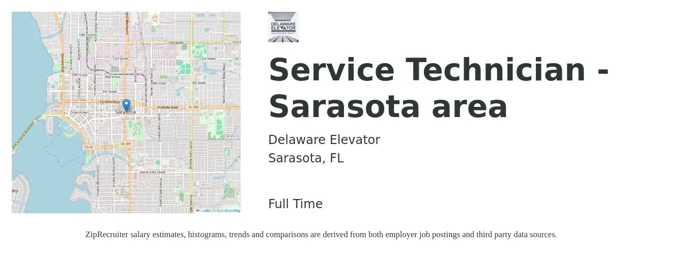 Delaware Elevator job posting for a Service Technician - Sarasota area in Sarasota, FL with a salary of $21 to $30 Hourly with a map of Sarasota location.