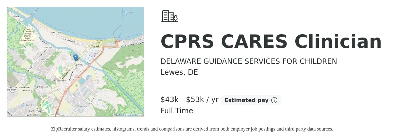 DELAWARE GUIDANCE SERVICES FOR CHILDREN job posting for a CPRS CARES Clinician in Lewes, DE with a salary of $43,000 to $53,000 Yearly with a map of Lewes location.