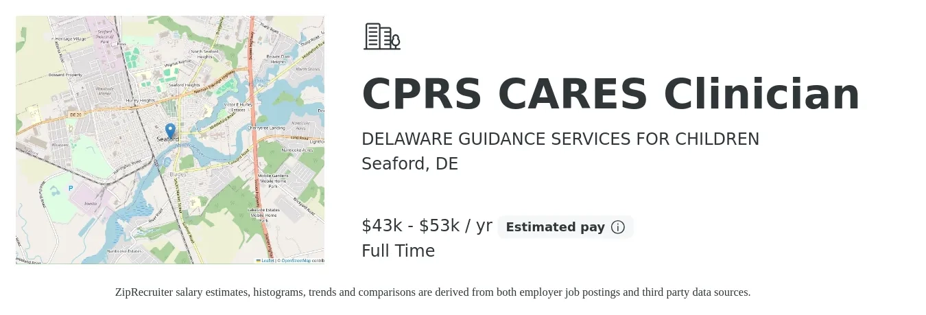 DELAWARE GUIDANCE SERVICES FOR CHILDREN job posting for a CPRS CARES Clinician in Seaford, DE with a salary of $43,000 to $53,000 Yearly with a map of Seaford location.