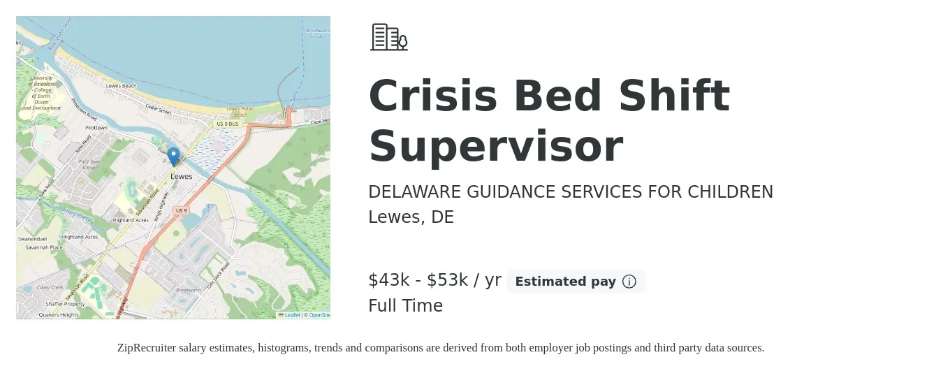 DELAWARE GUIDANCE SERVICES FOR CHILDREN job posting for a Crisis Bed Shift Supervisor in Lewes, DE with a salary of $43,054 to $53,817 Yearly with a map of Lewes location.