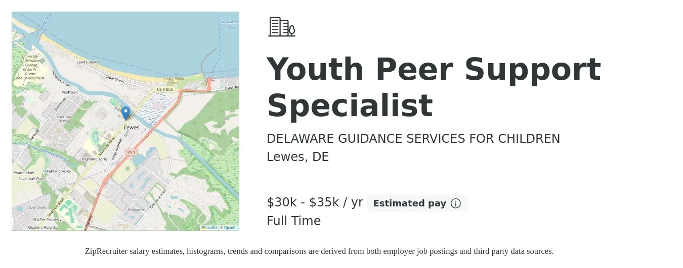 DELAWARE GUIDANCE SERVICES FOR CHILDREN job posting for a Youth Peer Support Specialist in Lewes, DE with a salary of $30,000 to $35,000 Yearly with a map of Lewes location.
