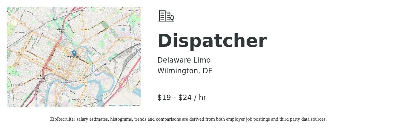 Delaware Limo job posting for a Dispatcher in Wilmington, DE with a salary of $20 to $25 Hourly and benefits including medical, and pto with a map of Wilmington location.