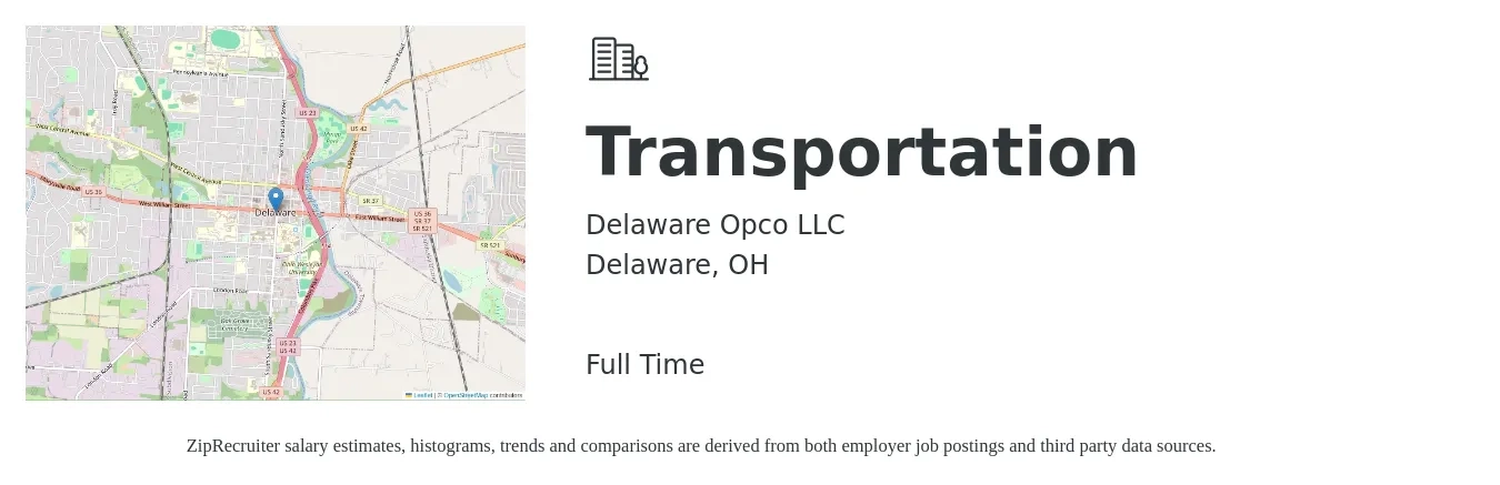 Delaware Opco LLC job posting for a Transportation in Delaware, OH with a salary of $14 to $17 Hourly with a map of Delaware location.