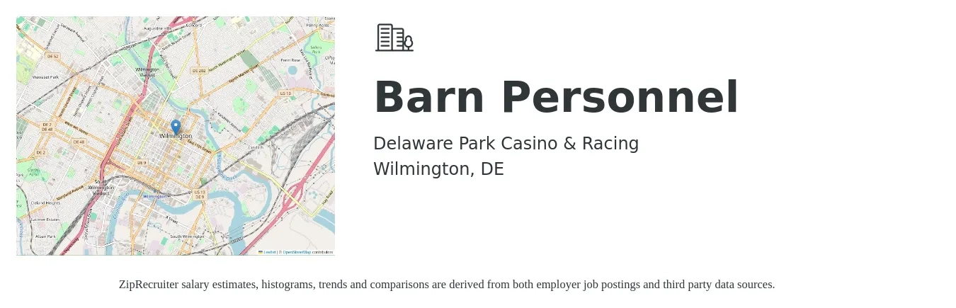 Delaware Park Casino & Racing job posting for a Barn Personnel in Wilmington, DE with a salary of $12 to $20 Hourly with a map of Wilmington location.