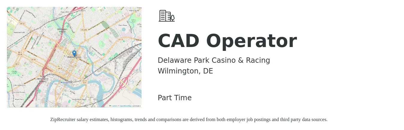 Delaware Park Casino & Racing job posting for a CAD Operator in Wilmington, DE with a salary of $19 to $26 Hourly with a map of Wilmington location.