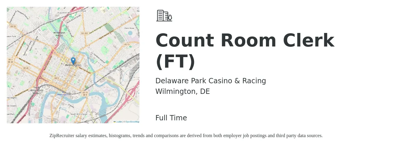 Delaware Park Casino & Racing job posting for a Count Room Clerk (FT) in Wilmington, DE with a salary of $15 to $20 Hourly with a map of Wilmington location.