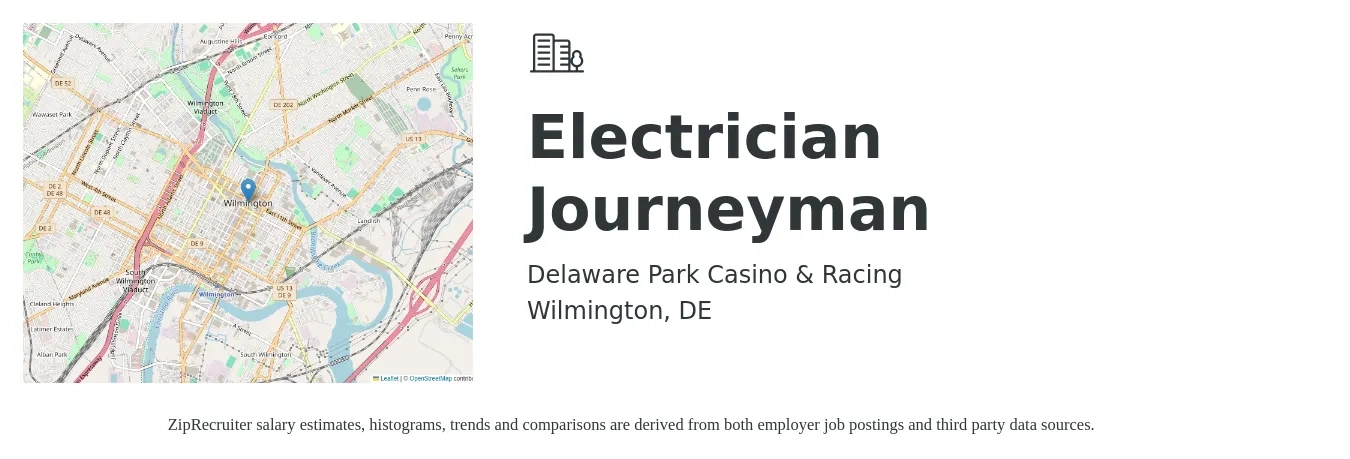 Delaware Park Casino & Racing job posting for a Electrician Journeyman in Wilmington, DE with a salary of $27 to $37 Hourly with a map of Wilmington location.