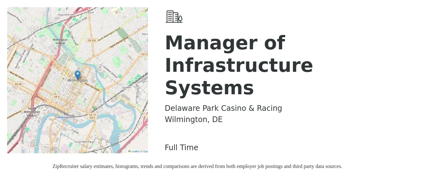 Delaware Park Casino & Racing job posting for a Manager of Infrastructure Systems in Wilmington, DE with a salary of $74,700 to $121,300 Yearly with a map of Wilmington location.